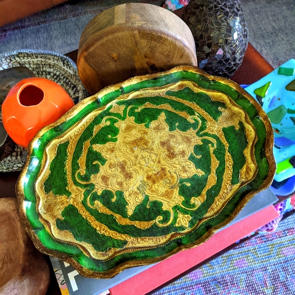 Vintage Florentine Tray Eclectic Home Decor Gold & Green Vanity Coffee Table